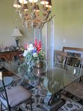 Dining table glass and wrought iron and double pedestals