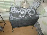 Lighted End table; Glass and wicker. handmade; must see with lights on at night!!