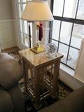 Honey colored Marble top end table or accent table with lamp