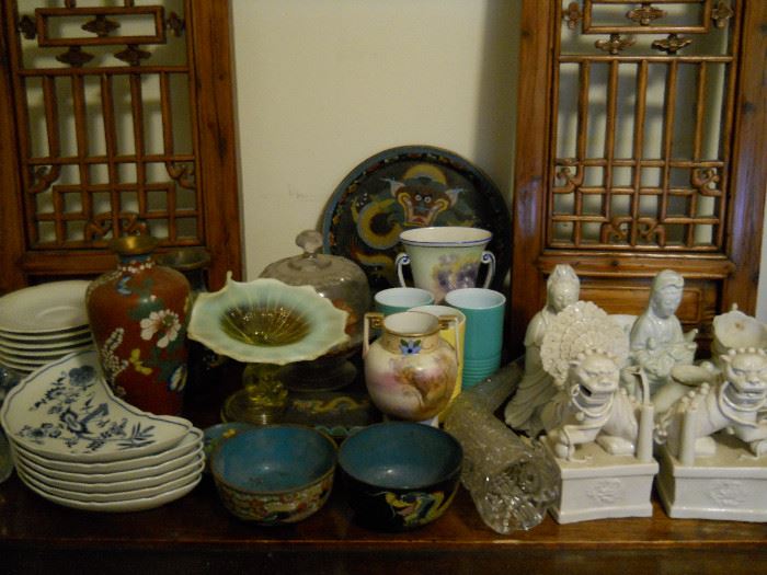 Porcelain dishes and figures, cloisonné objects, and glassware