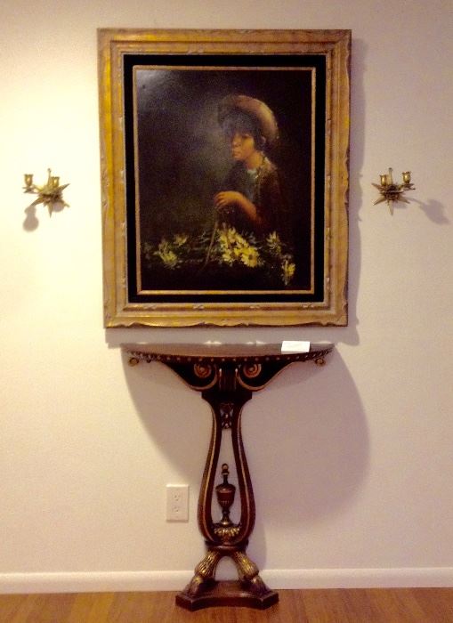 Flower Girl, Ramon Kelley, American, Oil, 24x36 over Demi-lune Console; Brass, Moon & Star Candle Sconces