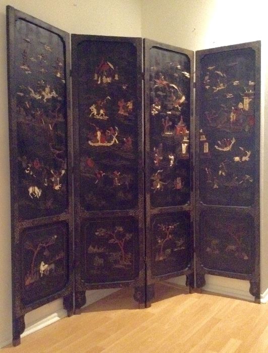 Antique Chinese Precious 4-Panel Coromandel Screen wi. Carvings