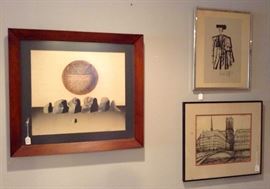 Left, Assemblage.  Lower right, Cityscape by H. Lambert Naudin, ink drawing, 14x10