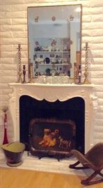 Hand Painted Tole Tin Tray, Coal Scuttle; Antique Gout Stool; Brass Candlesticks; Controlled Bubble Orbs; Etched & Metal-Buttoned, Gilt-Framed Mirror