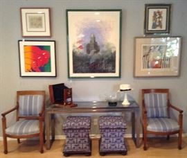 Framed, Signed Prints & Embossed Paper; Camera; Ceramic Fedora Lamp; Chrome Console Table; Chairs & Storage Ottomans