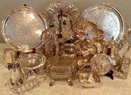 Silver Plate: Platters & Trays, Cruet Set, Toast Rack Hand Mirror, Baskets, Coffee, Sugar, Music Box, Footed Dish...