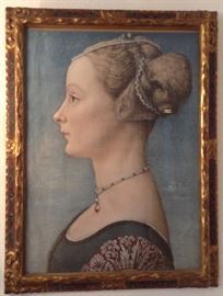 Italian Frame,18x14, Hand Painted with Gold Gilding over Gesso, with colored lithograph of Woman, original by Piero della Francesca.
