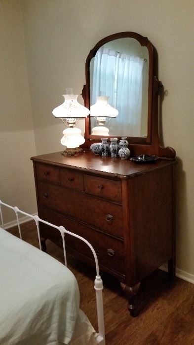 Antique dresser with mirror, vintage lamp