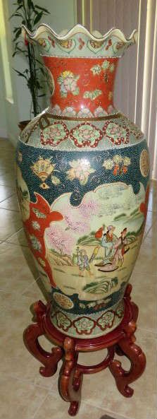 Asian Oriental Floor Vase with Wooden Stand