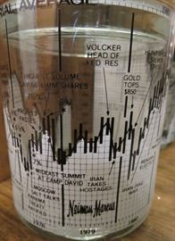 Vintage Set/4 Neiman-Marcus Stock Market Glasses 22K Gold Rimmed Dow Jones 1970's-1980's