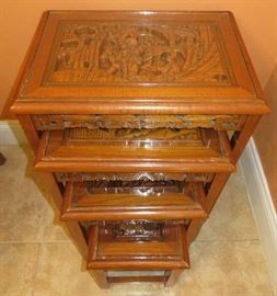 Asian Hand Carved Wood Nesting Tables