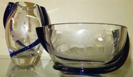  Vintage Krosno Poland Etched Glass Vase & Bowl, Artist Signed