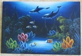 Artist Signed, Canvas Underwater Dolphin Seascape Painting