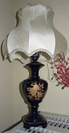 Pair Vintage Victorian Cobalt Blue Gold Rose Ceramic Lamps 