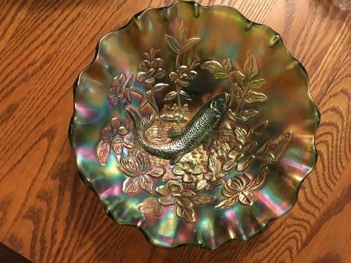 FINE Green "Big Fish" Bowl - $800 FIRM - No damage. We will also have a Trout & Fly Bowl available - pictures coming.