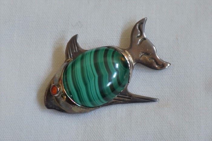 Sterling, malachite and coral fish brooch/pendant