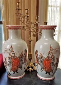 Pair of tall vases with painted mirror image