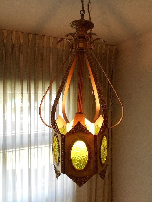 vintage retro hanging light fixture, on long chain, plugs into wall
