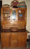 1910 Light Oak Bakers Hutch Cabinet