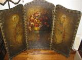 Antique Hand Painted Leather Fire Screen