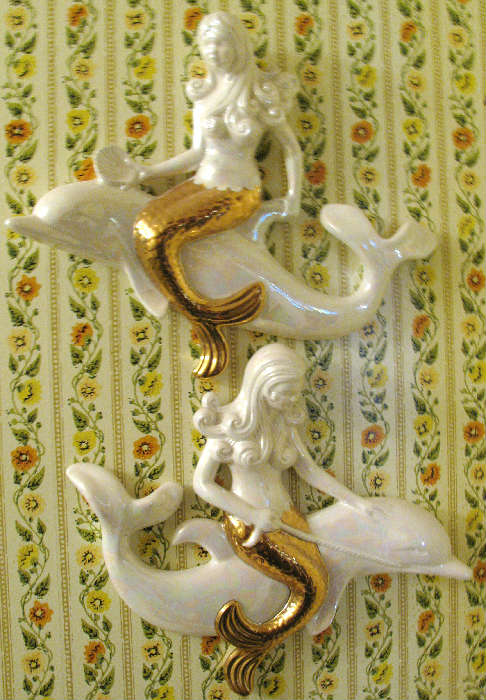 Vintage Pair of Mermaids Riding Dolphins Figurines Wall Plaques