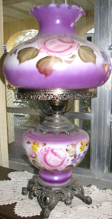 Antique Victorian Hurricane Lamp Hand Painted