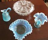 Vintage Fenton Blue Opalescent Hobnail Candy Dish, Cruet & Vase
Depression Glass Covered Candy Dish
