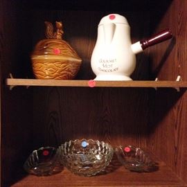 gourmet hot chocolate pot ($10.00), nuts container ($5.00), glass containers$10.00 or $5.00)