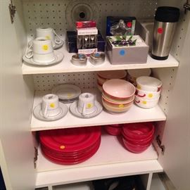 Japan Southwicke tee cup & saucer/set ($5.00). 5" and 4" bowls ($1.00/ea), 12" red plate & bowl ($1.00/ea)