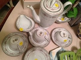 Japan Noritake tea pot (Japan 5770, US pattern 181393) $30.00, sugar and creamer ($15.00/ea), cup and saucer ($8.00/set), saucer ($4.00)
