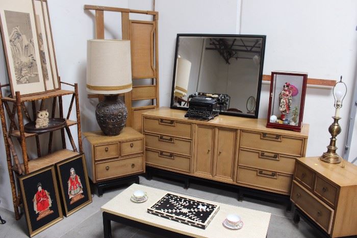 Mid-century bedroom furniture set, bamboo shelf unit, Chinese doll, Asian decor