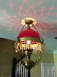 Antique red glass & brass light fixture