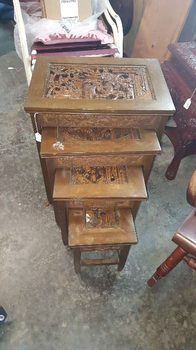 Antique Oriental carved nesting tables