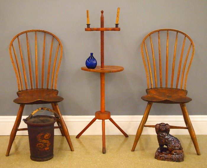Pair 19th c American Bow back Windsor chairs, 19th c adjustable candlestand, Blue flask, Painted leather fire bucket, Rockingham dog