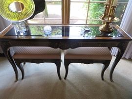 Chinoiserie Console Table with inset Black Beveled Glass.  Chinoiserie Stools
Drexal Heritage
