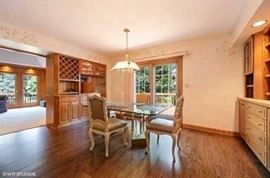 Modern Glass Top Dining Table and White Country French Dining Chairs with Towny Mushroom Leather Seat and Back  
