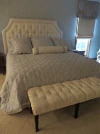 King Headboard in White Linen with Tufting & Arched Bridge includes Bed Frame
