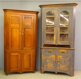 Corner Cupboards, Ohio Walnut c 1840 and 2 pc. Pine in Original Blue paint c. 1870