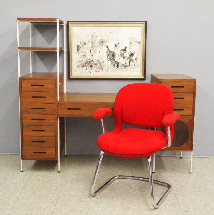 Mid Century Walnut Desk, Knoll Arm Chair