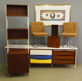 Mid Century Bookcases, Credenza by G.M. & T. Co Detroit, Pr. Chairs, Cubes and Lithograph by T. King