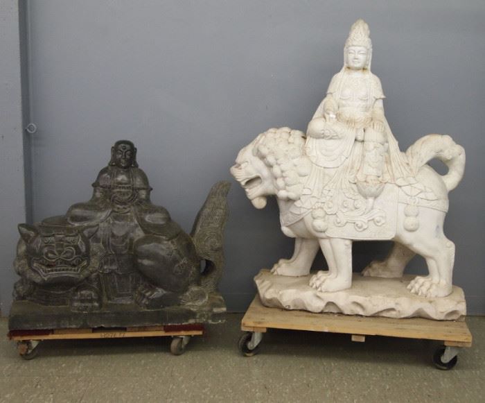 Carved Marble Buddha and Quan Yin on Lions