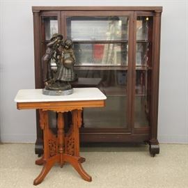Mahogany China Cabinet, Marble Top Parlor Table, Bronze Figure
