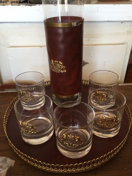 Vintage Barware Set with Brass & Leather