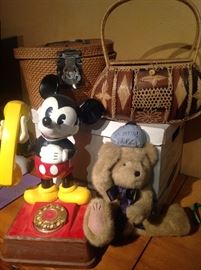 Vintage Baskets, Vintage Mickey Mouse Telephone, Vintage Mink Teddy Bear