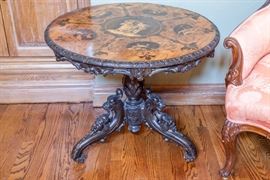 marvelous antique Sorrento table with fabulous marquetry and a Horner-style carved base