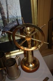 Brass ship wheel with compass on top