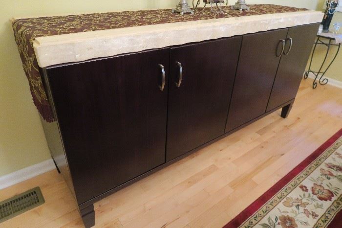 From Sherwood Studio in West Bloomfield.  Wood Buffet with Solid Travertine Stone Top. Buffet / Server / Console Table / Entry Table / Sofa Table / ETC...  Measures approximately 6' W x 20'' D x 34 1/2'' H
