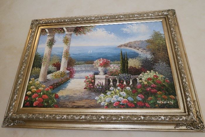 Beautiful Painting with Gold & Silver Leaf Frame measures approximately 44 1/2'' W x 32 1/2'' H