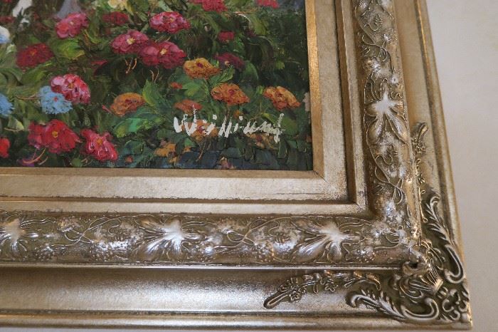Beautiful Painting with Gold & Silver Leaf Frame measures approximately 44 1/2'' W x 32 1/2'' H