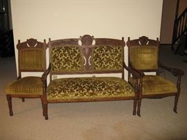 Antique 3 Piece Victorian hand made original carved wood settee*sofa*couch with Captains' chair & additional matching chair